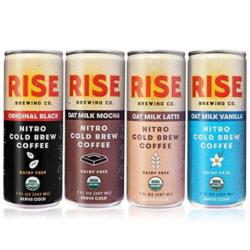 Rise Brewing Co. | Nitro Cold Brew Coffee | Gluten-free, Vegan | Organic & Non-gmo | 3x Original Black, 3x Oat Milk Latte, 3x Oat Milk Mocha, 3x Oat Milk Vanilla Latte 7 Fl. Oz. Cans (12 Pack)