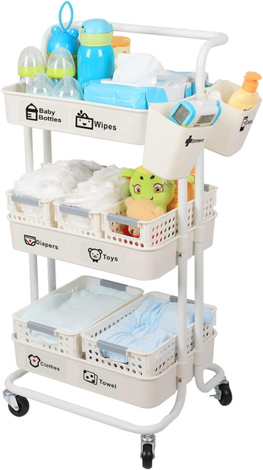 Baby Diaper Caddy Organizer Cart Movable, 3-tier Sturdy Newborn Nursery Essentials Storage Cart For Changing Table & Crib, With Mesh Baskets Hanging Cups And Sticker, Easy To Assemble