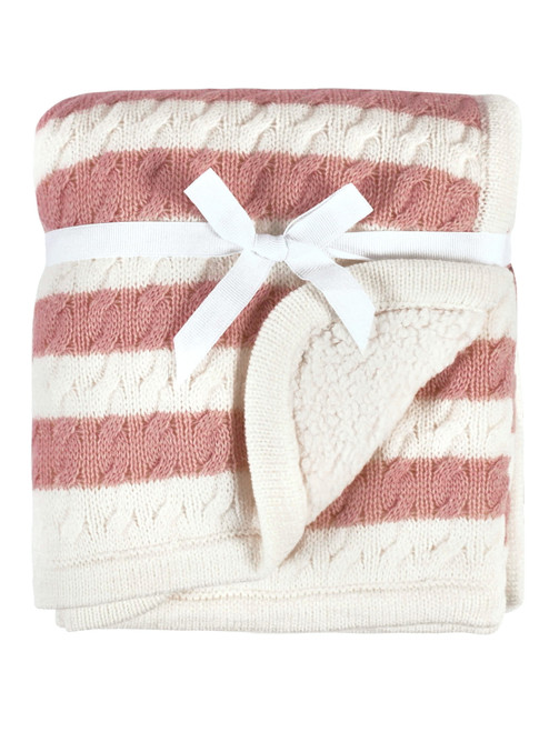 Modern Moments By Gerber Baby Boy Or Girl Cable Knit Blanket With Sherpa, Coral Stripes