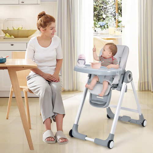 Infans Baby Folding Convertible High Chair W/wheel Tray Adjustable Height Recline Grey