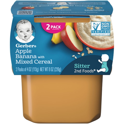 Gerber 2nd Foods Baby Foods, Apple Banana With Mixed Cereal, 4 Oz Tub (16 Pack)