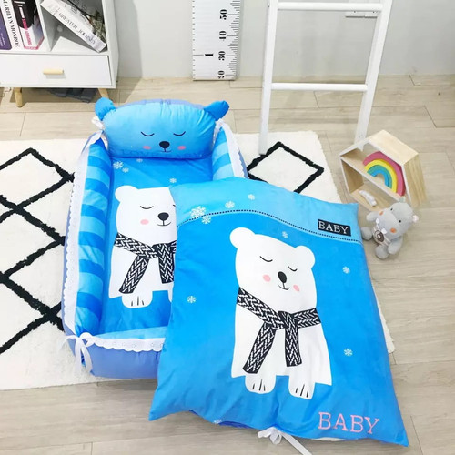 Baby Bed Nest, Lounger Cotton Character Soft Breathable Washable Expandable Baby Co-sleeper Crib Bed With Pillow And Blanket (blue Polar Bear)