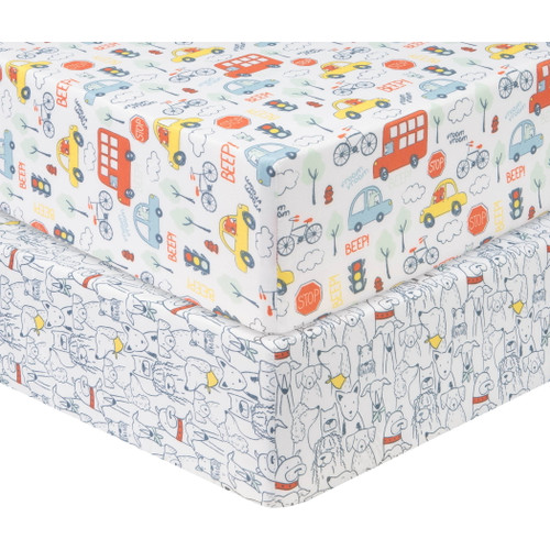 Sammy And Lou Infant Vehicle Printed Microfiber Woven Deep Pocket 200 Crib Sheets, Multicolor, 2 -pieces