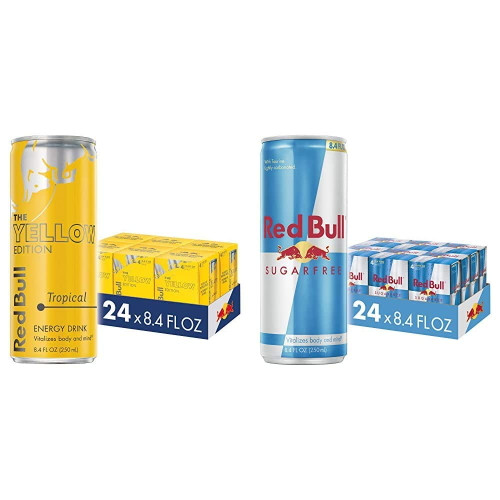 Red Bull Energy Drink, Tropical, Yellow Edition, 8.4 Fl Oz (24 Count) & Energy Drink Sugar Free, Sugarfree, 8.4 Fl Oz (24 Count)