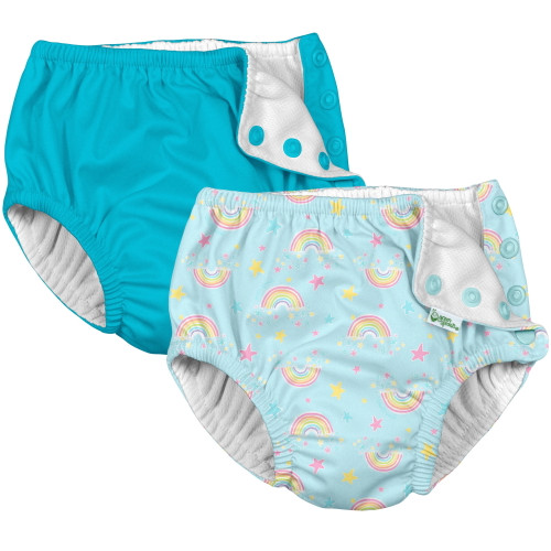 I Play (2 Pack) Girls Reusable Absorbent Baby Swim Diapers - Swimming Suit Bottom | No Other Diaper Necessary Aqua Rainbows And Aqua 6 Months