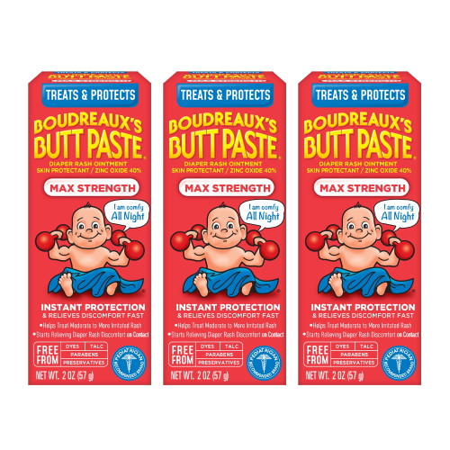 Boudreaux's Butt Paste Max Strength, Baby Diaper Rash Cream, Ointment, 2 Oz Tube, 3 Pack
