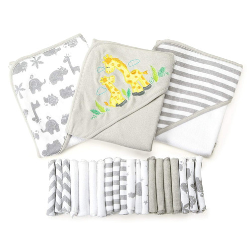 Spasilk Bath Hooded Towels & Washcloths Set For Babies, 23-piece Gift Set, Gray Giraffe