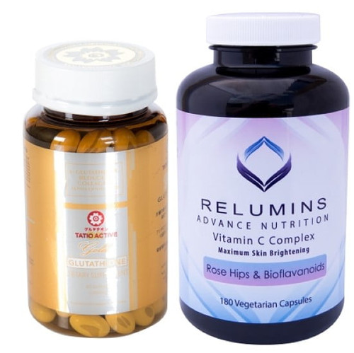Tatiomax Gold Glutathione 1200mg Whitening Gel Capsules & Relumins Vitamin C Max Stack