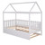 Twin Size House Bed With Trundle, Wooden Bed Frame With Roof And Fence-shaped Guardrail For Kids And Teens, White 74.7x38.6x70 Inch