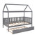 Mixfeer Twin Size House Bed With Trundle, Fence-shaped Guardrail, Gray(new)
