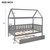 Twin Size House Bed With Trundle, Wooden Bed Frame With Roof And Fence-shaped Guardrail For Kids And Teens, Gray 74.7x38.6x70 Inch
