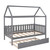 Twin Size House Bed With Trundle, Wooden Bed Frame With Roof And Fence-shaped Guardrail For Kids And Teens, Gray 74.7x38.6x70 Inch