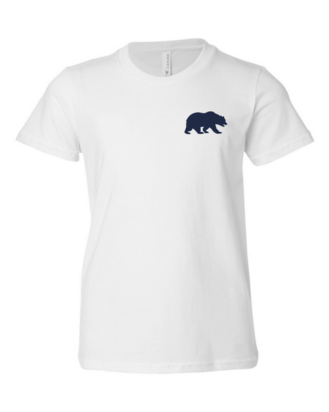 Riverside bear tee in white with three logo color options