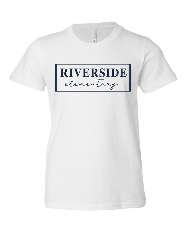 Riverside script in white  with three logo color options