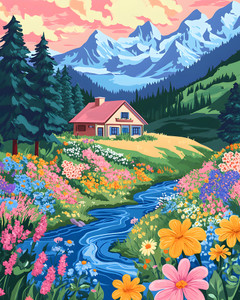 Tiny Cottage Colourful Field