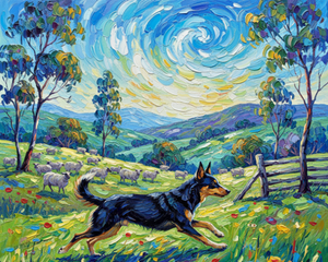 Kelpie Rounding Sheep in Rolling Hills Kelpie Rounding Sheep in Rolling Hills