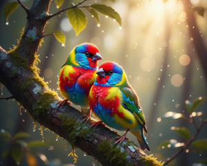 Rainbow Finches on a Tree Branch