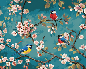 Colourful Sparrows on Almond Tree