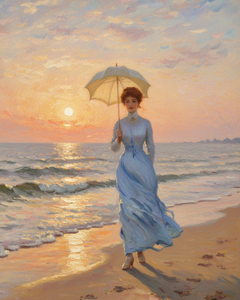 Woman with a Parasol Walking at the Beach