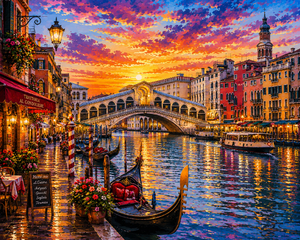 Venice Sunset with Gondolas and Rialto Glow