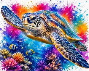 Rainbow Splash Turtle in the Ocean