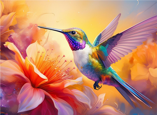 Colourful Hummingbird hovering Blooming Flower