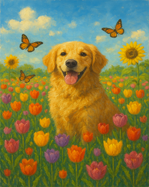 Golden Retriever and the Flowers Field