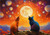 Colourful Cats Watching Moon