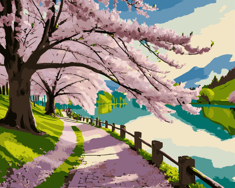 Cherry Blossom River Walk - Made to Order Paint by Numbers