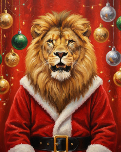 Lion in Santa Suit