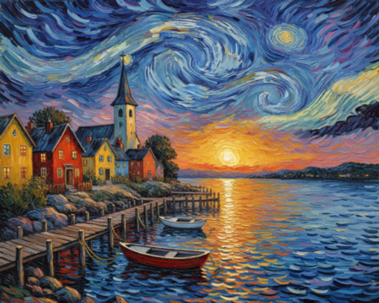Lakeside Village at Sunset Inspired by Van Gogh