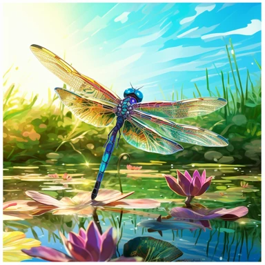 Dragonfly and Pink Lotus Pond