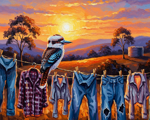 Kookaburra on a Clothesline at Sunset