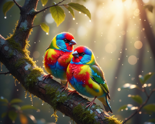 Rainbow Finches on a Tree Branch