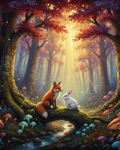 Fox and Rabbit in a Mystical Forest