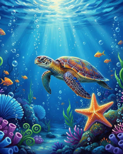 Turtle and Starfish in a Magical Ocean