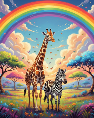 Giraffe and Zebra in a Rainbow Savannah