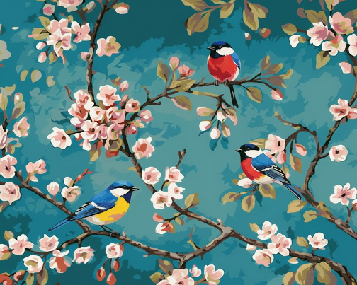 Colourful Sparrows on Almond Tree