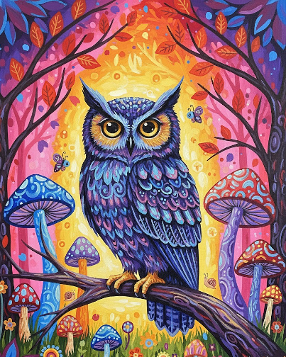 Mystic Owl and Mushrooms