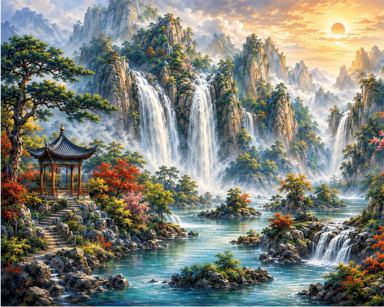Mountain Valley with Waterfalls