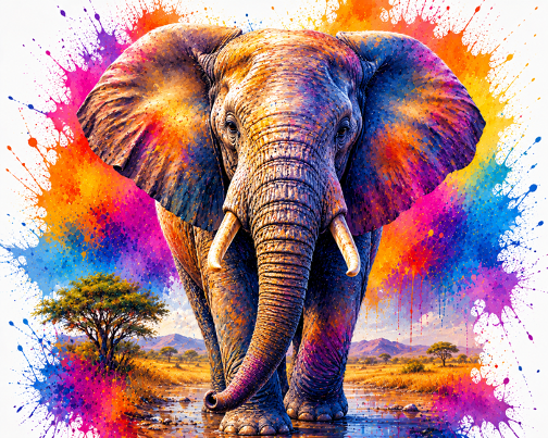 Rainbow Splash Elephant in the Savanna