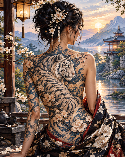 White Tiger Tattoo at Sunrise Lake