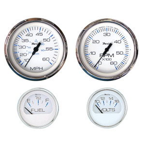 Faria KTF002 Chesapeake Stainless Steel Outboard 4-Gauge Boxed Set - Speedometer/Tachometer/Fuel Level/Voltmeter, White - KTF002