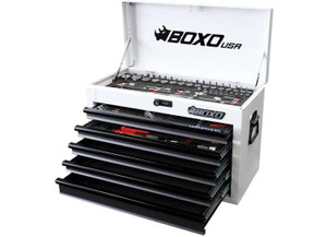 Boxo Tools - 26in 5drawer Portable Steel Tool Box W/ 103 Pc Metric Tool Set White - MOTOBX5-W
