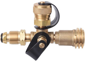 Flame King - 4 Port Brass Tee Propane Adap Pol Inlet 1/4 Inverted Female Flare Inlet Qcc Outlet Cga600 Outlet - FMC-RV-COMBO1