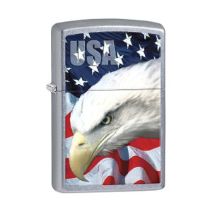 *205EagleAndFlag* Zippo 3021 Windproof Lighter USA Flag and Eagle Imprinted Street Chrome - 205CI013021