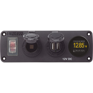 Blue Sea 4366 Water Resistant USB Accessory Panel - Circuit Breaker, 12V Socket, Dual USB Charger, Mini Voltmeter - 4366