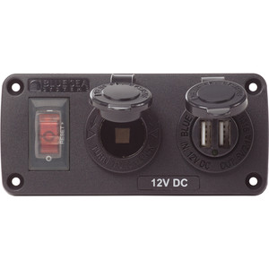 Blue Sea 4363 Water Resistant USB Accessory Panels - 15A Circuit Breaker, 12V Socket, 2.1A Dual USB Charger - 4363