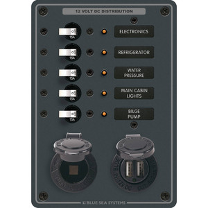 Blue Sea 8120 - 5 Position 12V Panel w/Dual USB &amp; 12V Socket - 8120