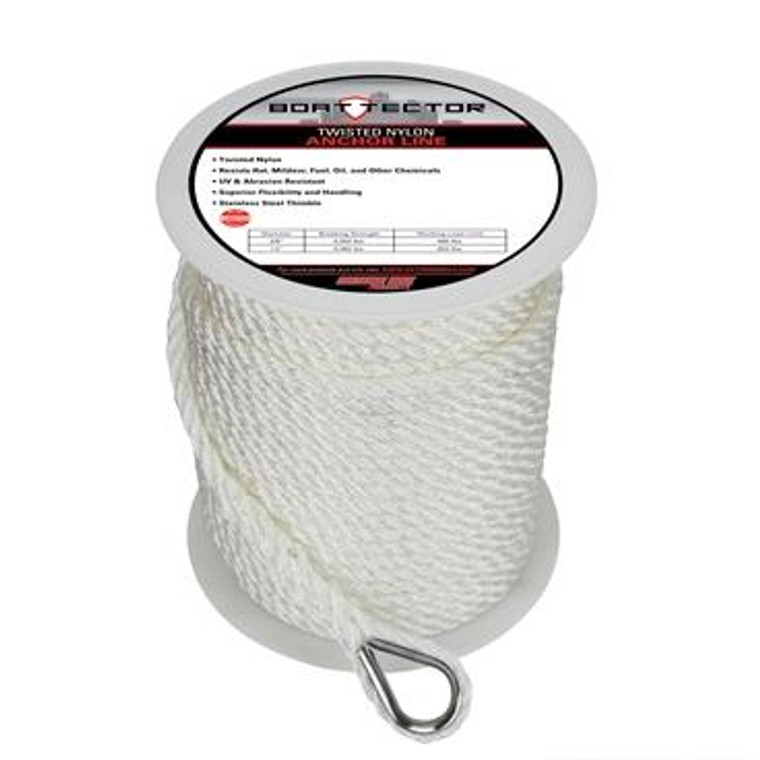 Extreme Max 3006.2297 BoatTector Twisted Nylon Anchor Line with Thimble - 3/8" x 200', White